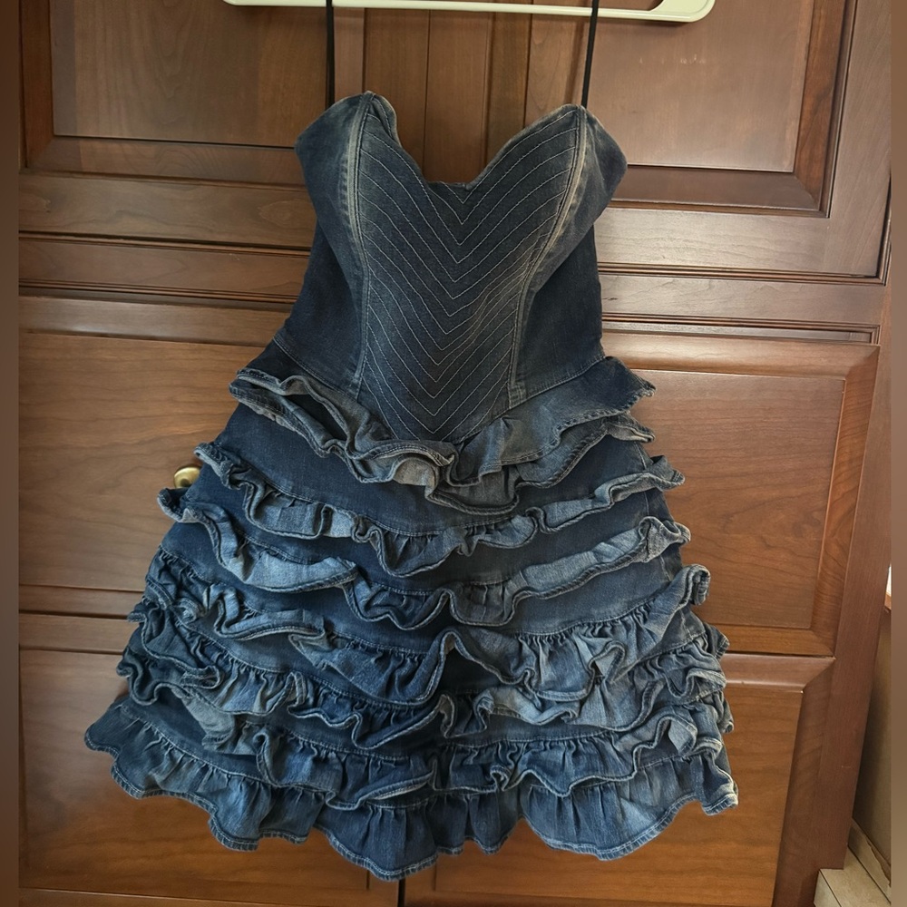 Denim Ruffled Strapless Mini Dress - Picture 1 of 1